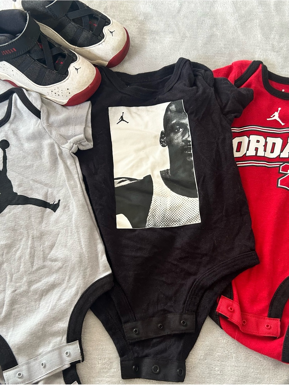 Jordan Black, Red & Gray Baby Graphic One-Piece Set